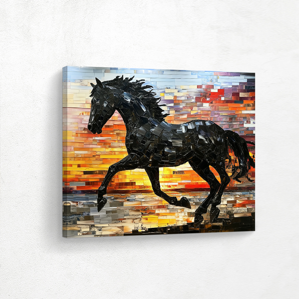 Home Decor Wall Art Mosaic Painting of a Horse at Sunset, Wall Decor for the Living Room Wall Art, Metal Wall Art, Fine Art Prints, Framed Prints, Poster Wall Art, Stretched Canvas, Framed Canvas Wall Art with Floater Frames