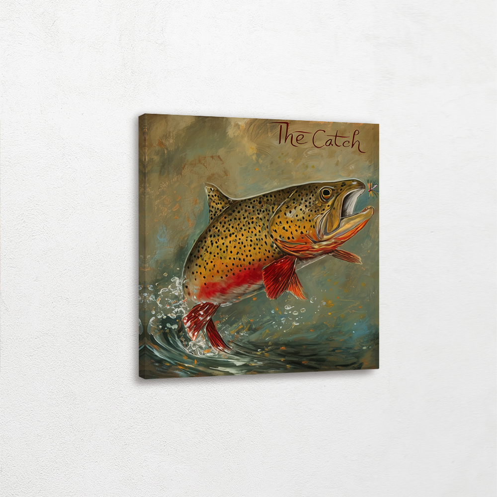 Fishing with a Trout Jumping for a Fly, Sold in Metal Wall Art, Stretched Canvas, Framed Prints, Fine Art Prints, Poster Art, Vinyl Wall Peel, Framed Canvas Wall Art, Framed with Floater Frames
