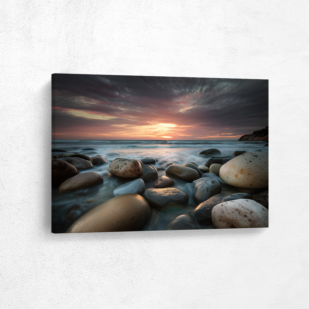 Paintings, Coastal Sunset with Rocks on Shore, Wall Art for the Home, Wall Decor comes in Metal Wall Art, Vinyl Wall Peel, Framed Prints, Fine Art Prints, Poster Prints, Stretched Canvas, Canvas Wall Art, Framed with Floater Frames