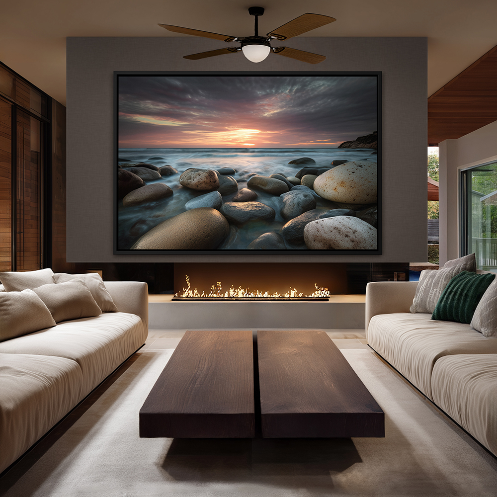 Paintings, Coastal Sunset with Rocks on Shore, Wall Art for the Home, Wall Decor comes in Metal Wall Art, Vinyl Wall Peel, Framed Prints, Fine Art Prints, Poster Prints, Stretched Canvas, Canvas Wall Art, Framed with a Black Floater Frame, Shown in Living Room Wall Art