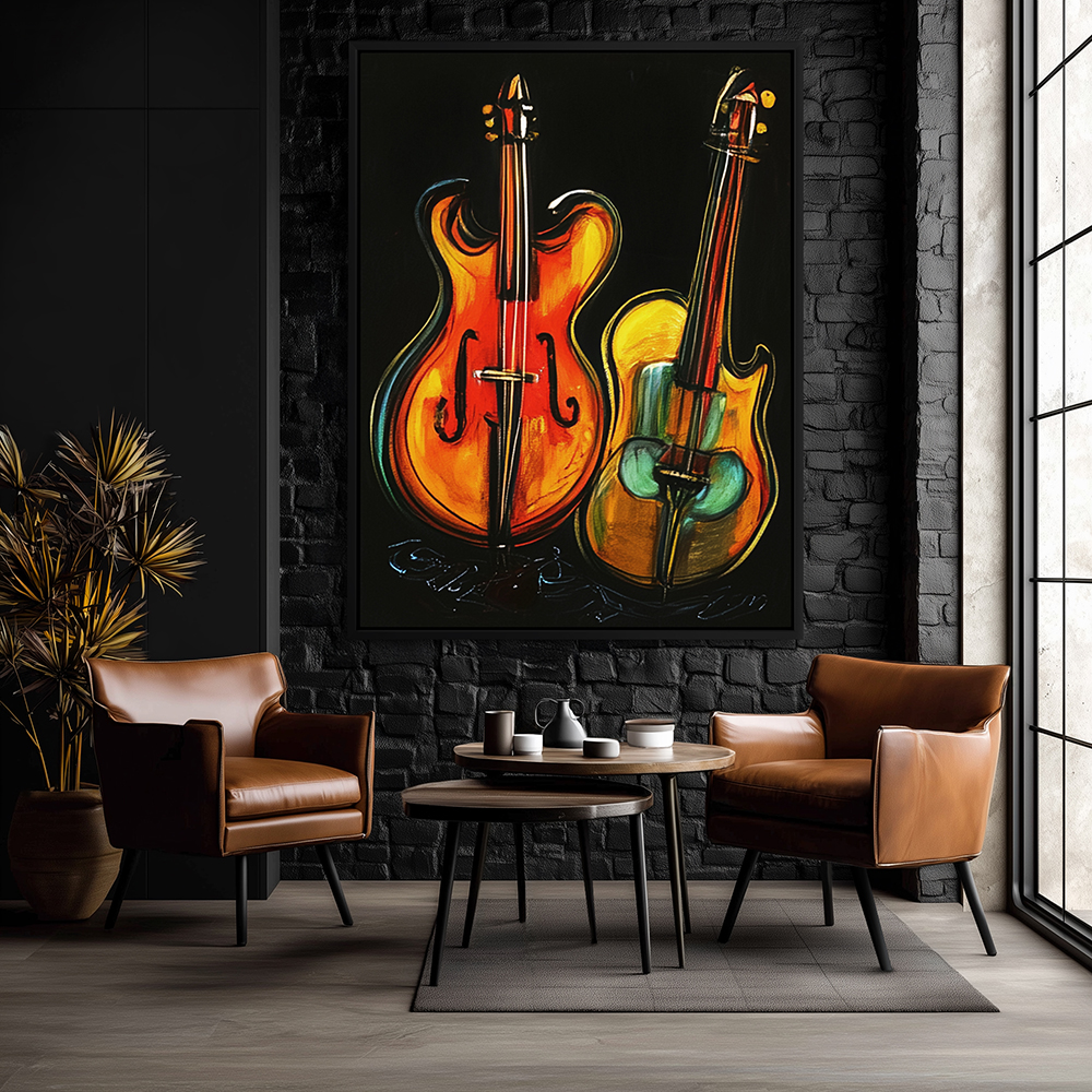 Wall Art for Home Decor with Musical Instruments, sold in Metal Wall Art, Vinyl Wall Peel, Metal Prints, Framed Prints, Poster Art, Poster Prints, Stretched Canvas, Framed Canvas Wall Art, Framed with a Black Floater Frame Shown in Sitting Room Wall Art