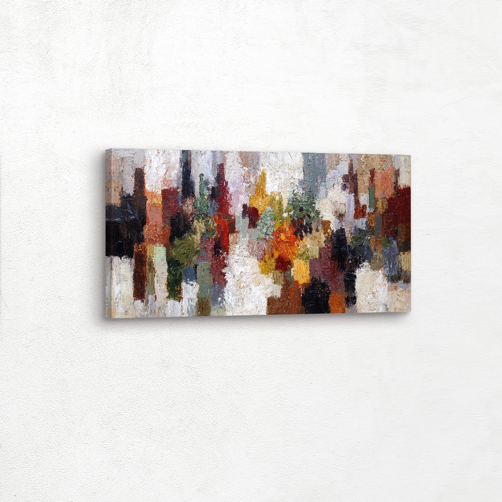 An abstract painting of a cityscape in vibrant autumn colors is available in various sizes and formats, such as metal wall art, metal prints, vinyl wall art, vinyl prints, peel-and-stick vinyl, framed wall art, framed prints, fine art prints, poster art, poster prints, stretched canvas, stretched canvas wall art, and framed canvas wall art with floater frames. Frame colors include black, white, and brown, offering versatile options to match any style.