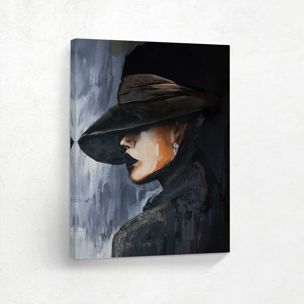 Exude mystery and sophistication with this stunning contemporary portrait of an elegant woman dressed in black, her eyes hidden in secrecy beneath the brim of her hat.