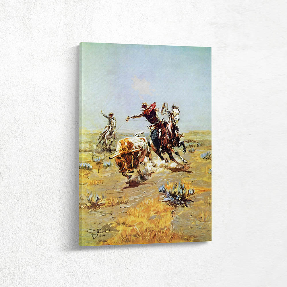 Charles Russell Painting, Wall Art Decor of a Cowboy on horseback roping a steer, Metal Wall Art, Framed Prints, Stretched Canvas, Vinyl Wall Peel, Fine Art Prints, Framed Canvas Wall Art with Floater Frames