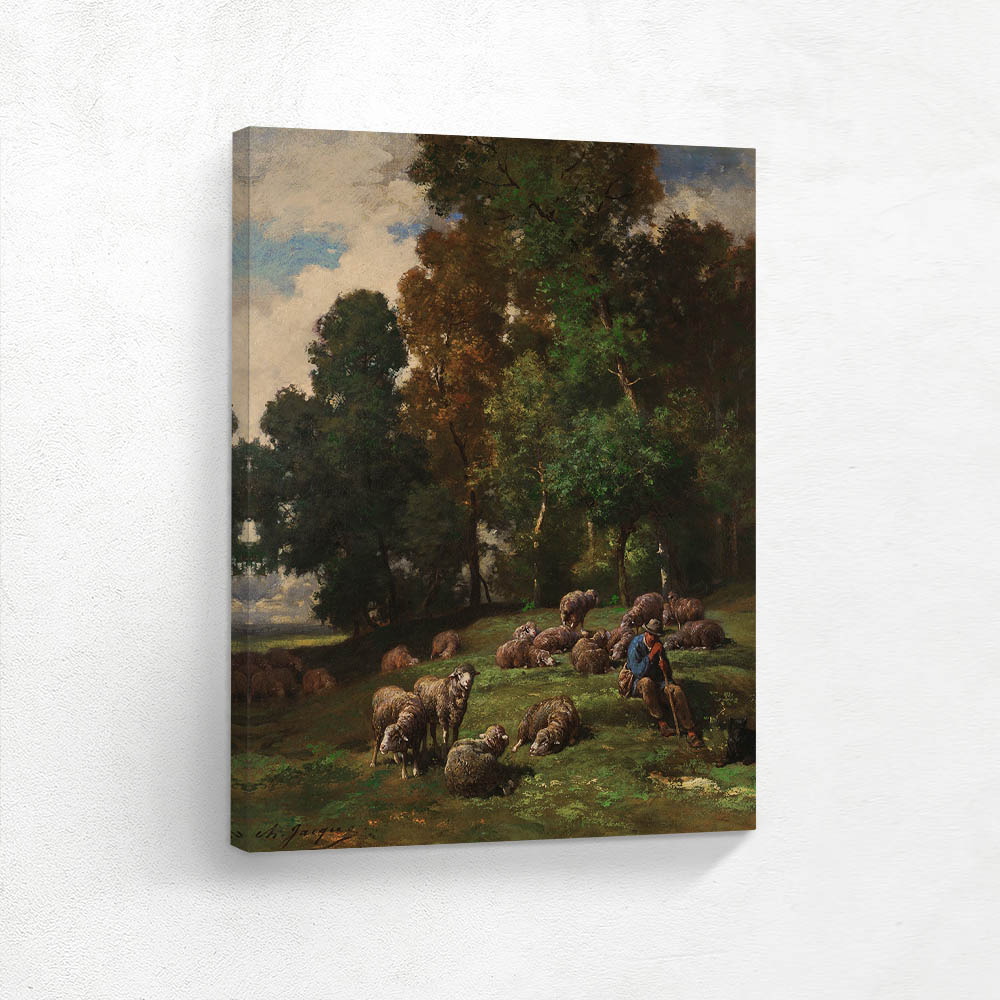 Shepherd In A Field With His Flock