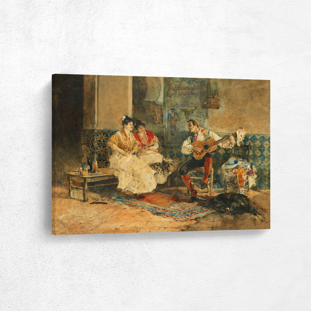 Two women in an interior listening to a guitarist