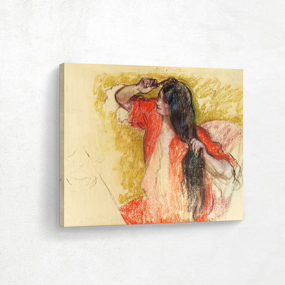 Woman In Red Bathrobe Styling Her Hair Woman In Red Bathrobe Styling Her Hair