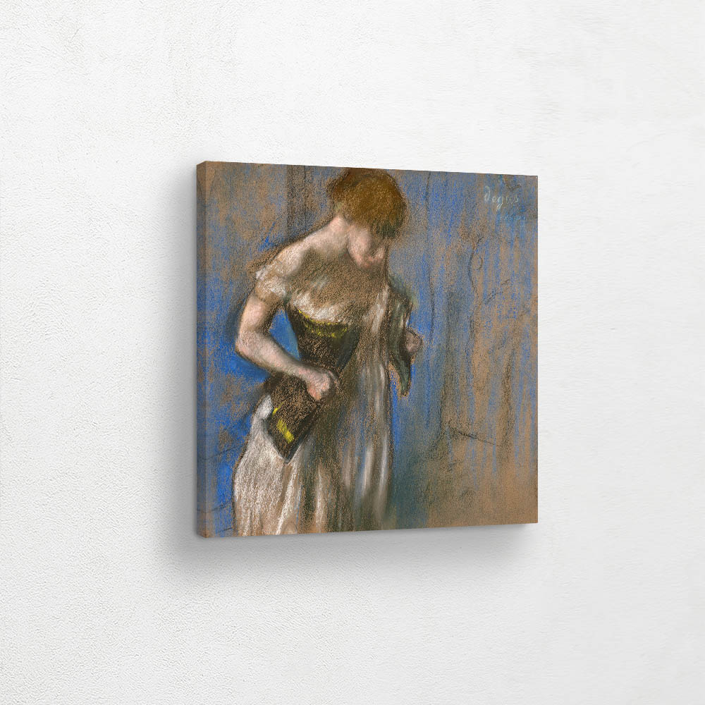 Woman putting on her corset