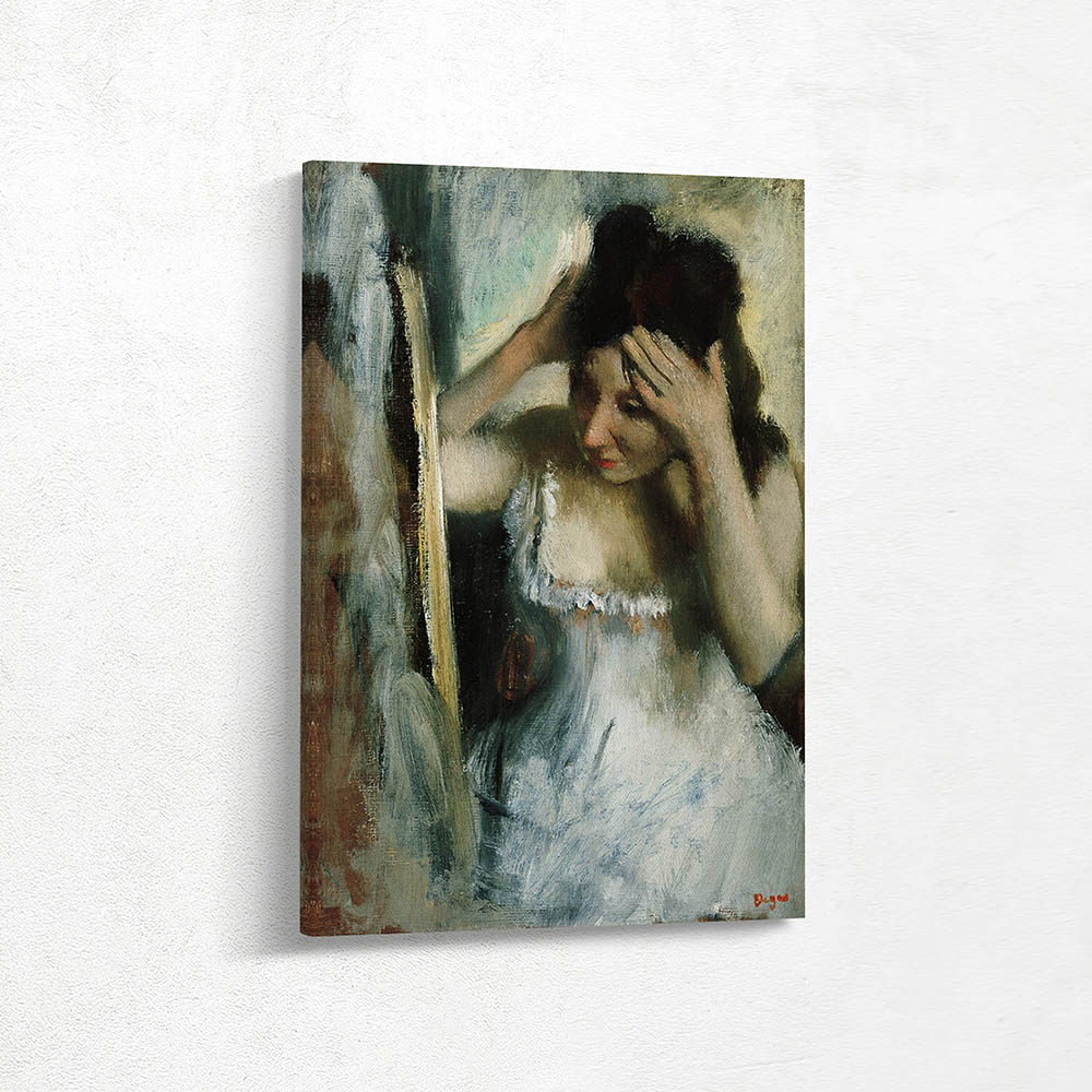 Woman Combing Her Hair in front of a Mirror