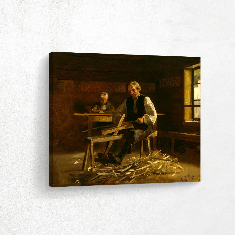 Interior from Vikøy with Farmer making Barrel Hoops (1873)