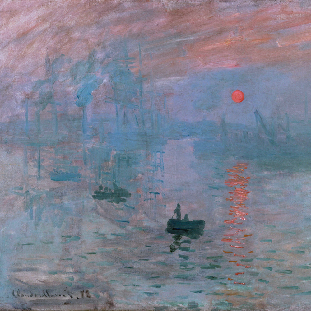 Claude Monet Impression Sunrise painting featuring a misty harbor, boats, and orange sunrise, representing Impressionist wall art.