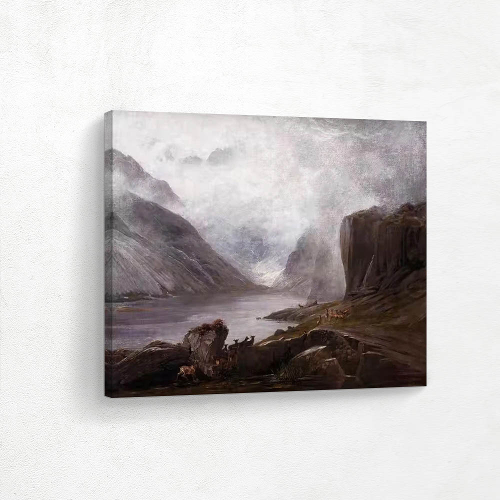 Mountain Landscape with Lake and ibex Herds