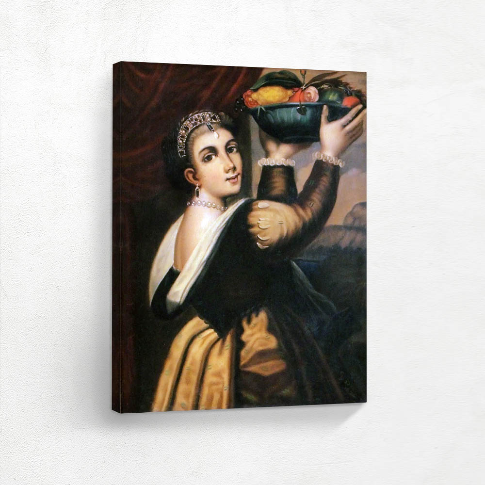 Woman Holding Fruit and Flowers