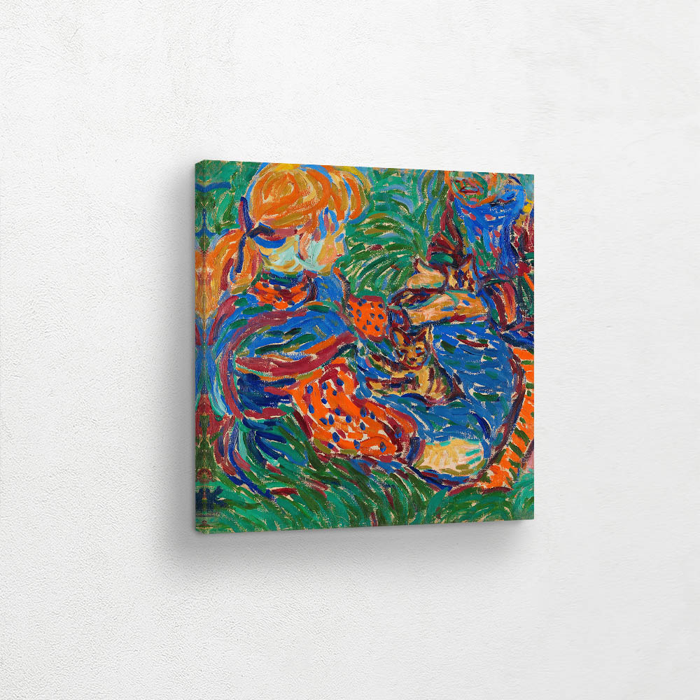 Two girls playing with cats