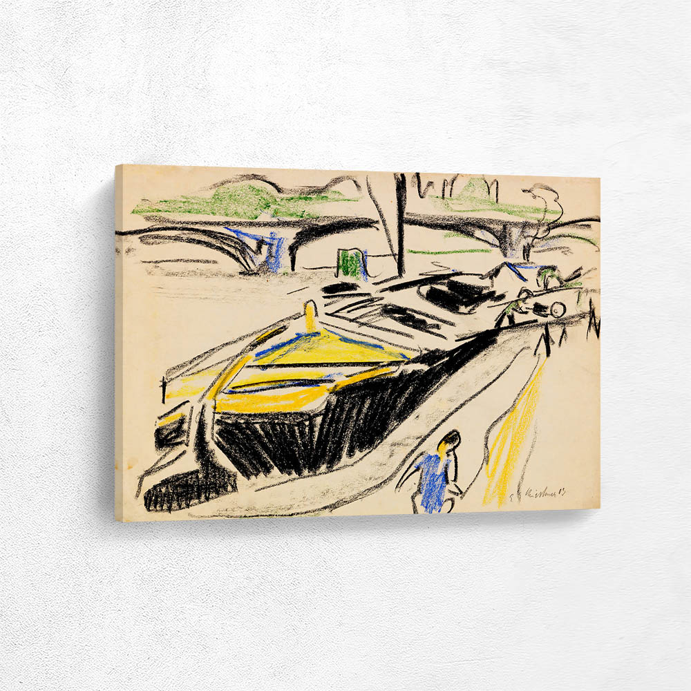 Barge on the banks of the Elbe, with the Carola Bridge in the background