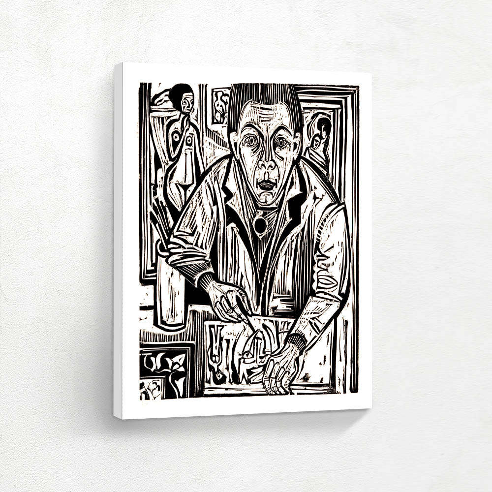 Self-portrait, wood-cutting