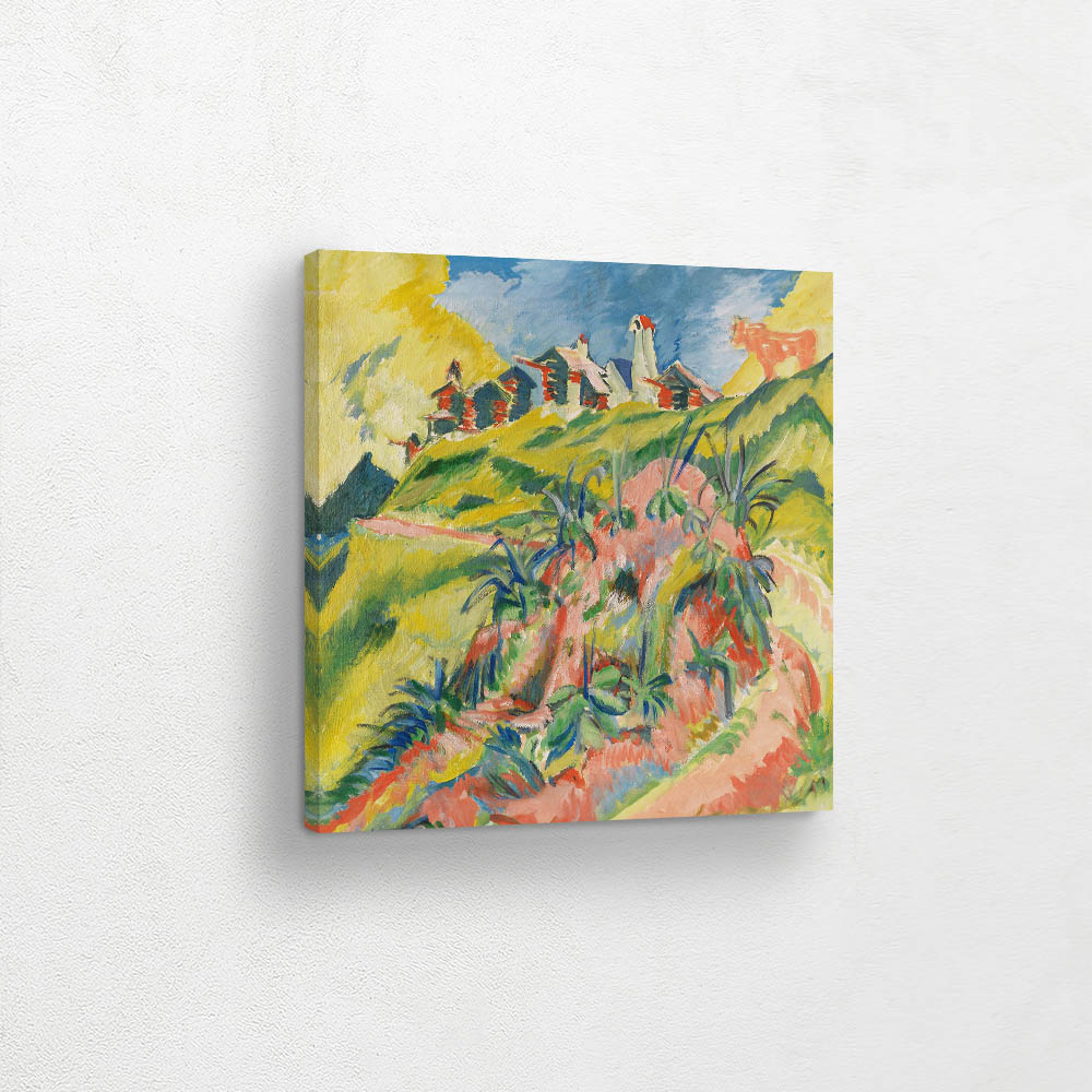 Mountain village with pink cow