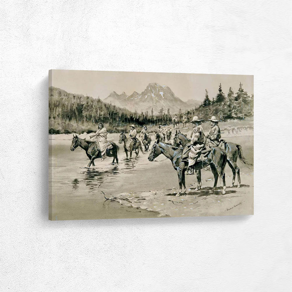 Recent Uprising among the Bannock Indians – A Hunting Party Fording the Snake River Southwest of the Three Tetons Recent Uprising among the Bannock Indians – A Hunting Party Fording the Snake River Southwest of the Three TetonsÂ