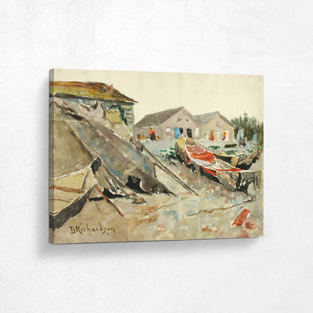 Drying Blankets Over Canoes 