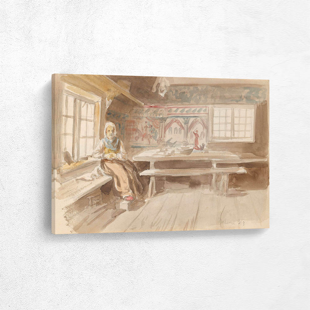 Interiør med sittende kvinne, Dalarna