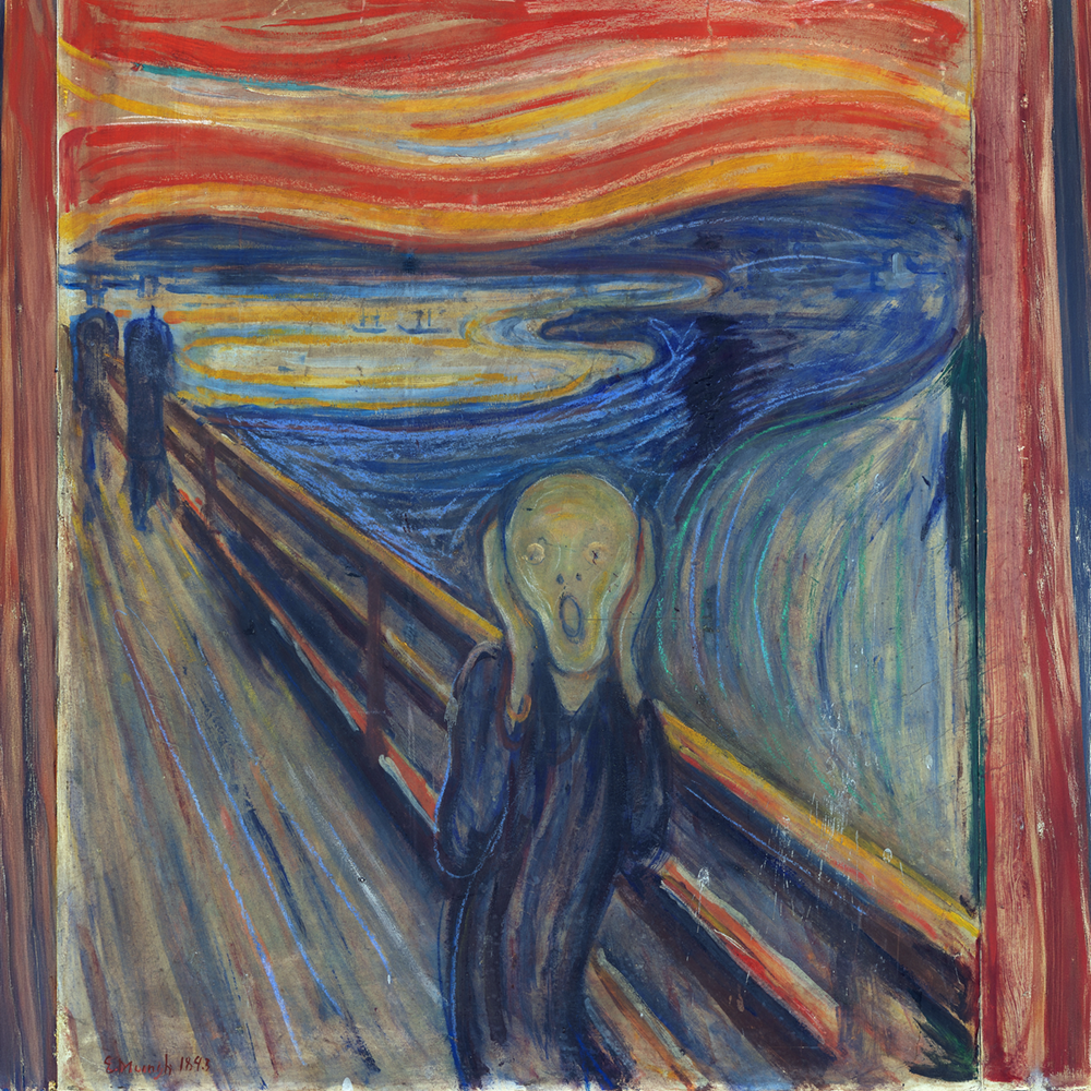 Edvard Munch The Scream 1893 painting featuring a distressed figure on a bridge beneath a swirling red and orange sky, Expressionist wall art.