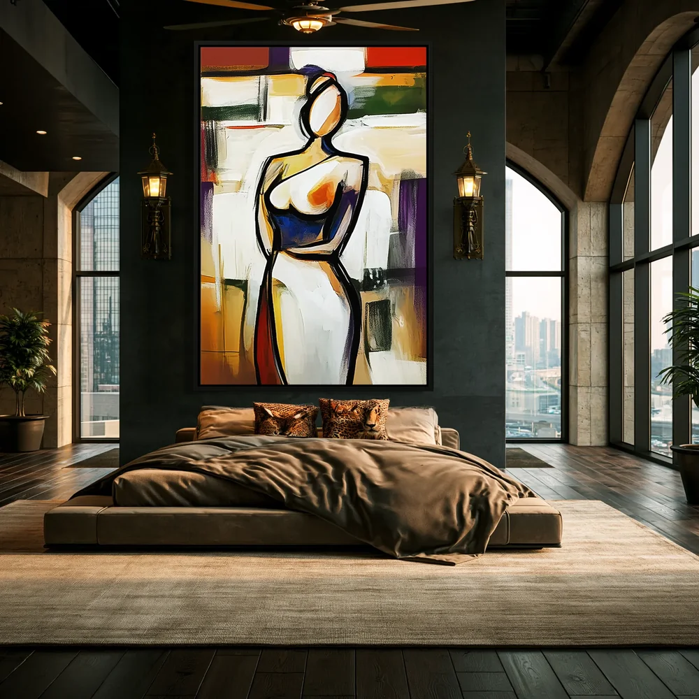Bedroom with framed abstract figure wall art above a brown bed, dark walls, and arched windows