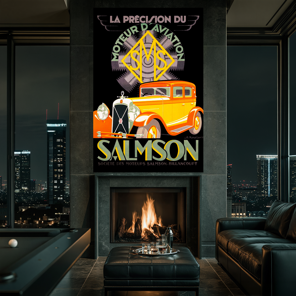 Vintage Salmson automobile poster above a fireplace in a modern apartment at night