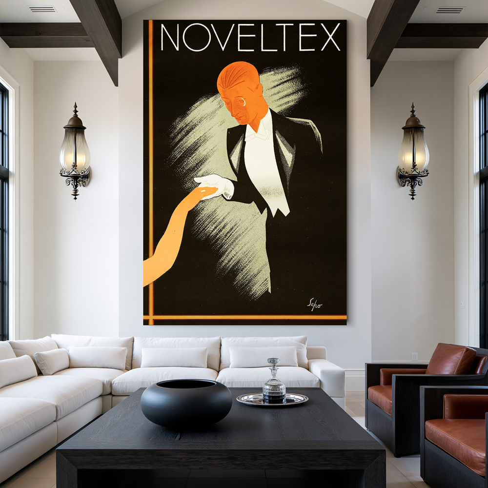 Large Noveltex vintage advertisement artwork above a white sectional sofa