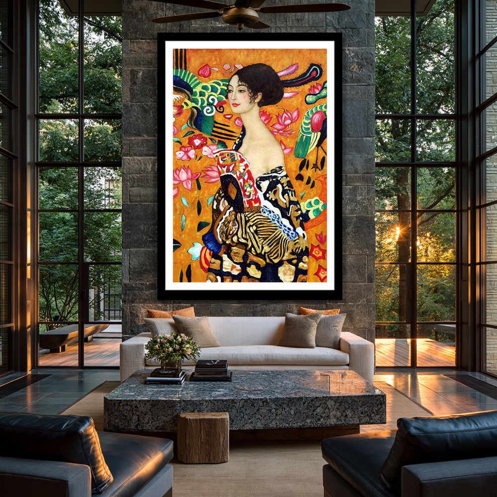 Colorful portrait artwork with a black frame and white mat above a sofa in a modern living room
