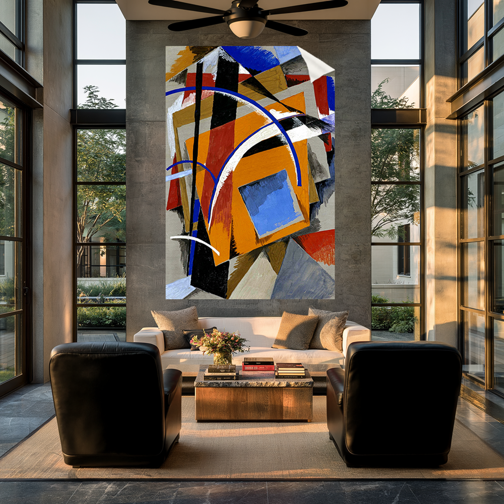 Colorful abstract peel-and-stick wall art with a lifted corner above a sofa in a modern living room