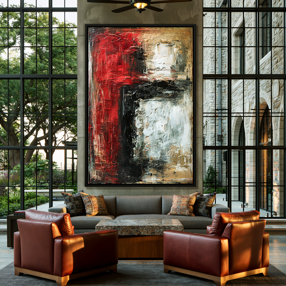 Large black-framed abstract artwork above a sofa in a modern living room