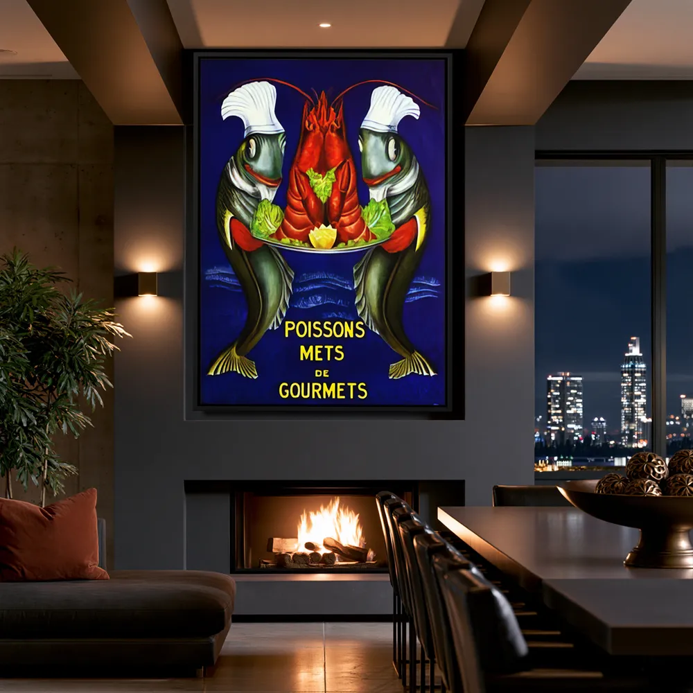 Dining room with framed vintage fish and lobster poster above a fireplace beside a dining table