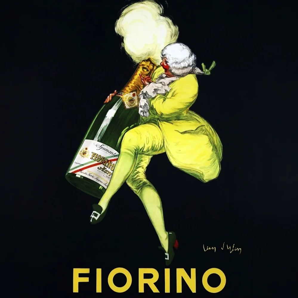 Vintage Fiorino Asti Spumante poster with a figure dressed in yellow holding a large bottle
