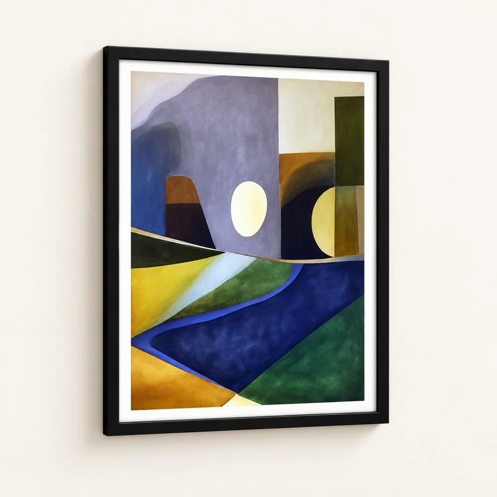 Angled view of a colorful abstract art print in a black frame with a white mat on an ivory wall