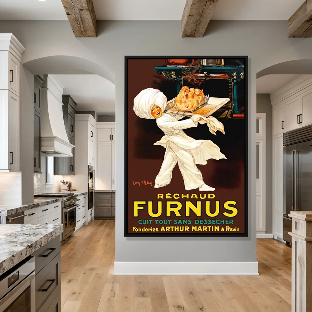 Kitchen with a framed vintage Furnus chef poster, white cabinetry, and exposed wood beams