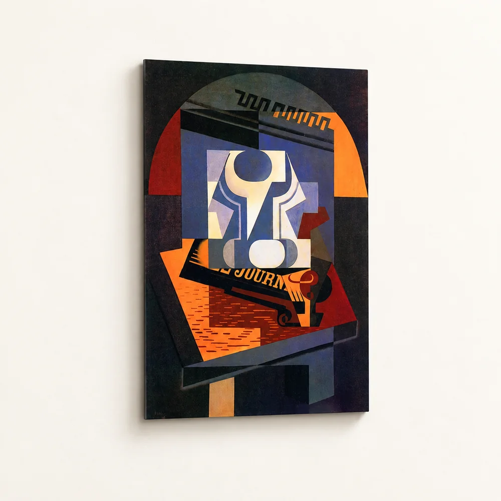 Angled view of a frameless metal print featuring geometric abstract artwork in blue, orange, and black on an ivory wall