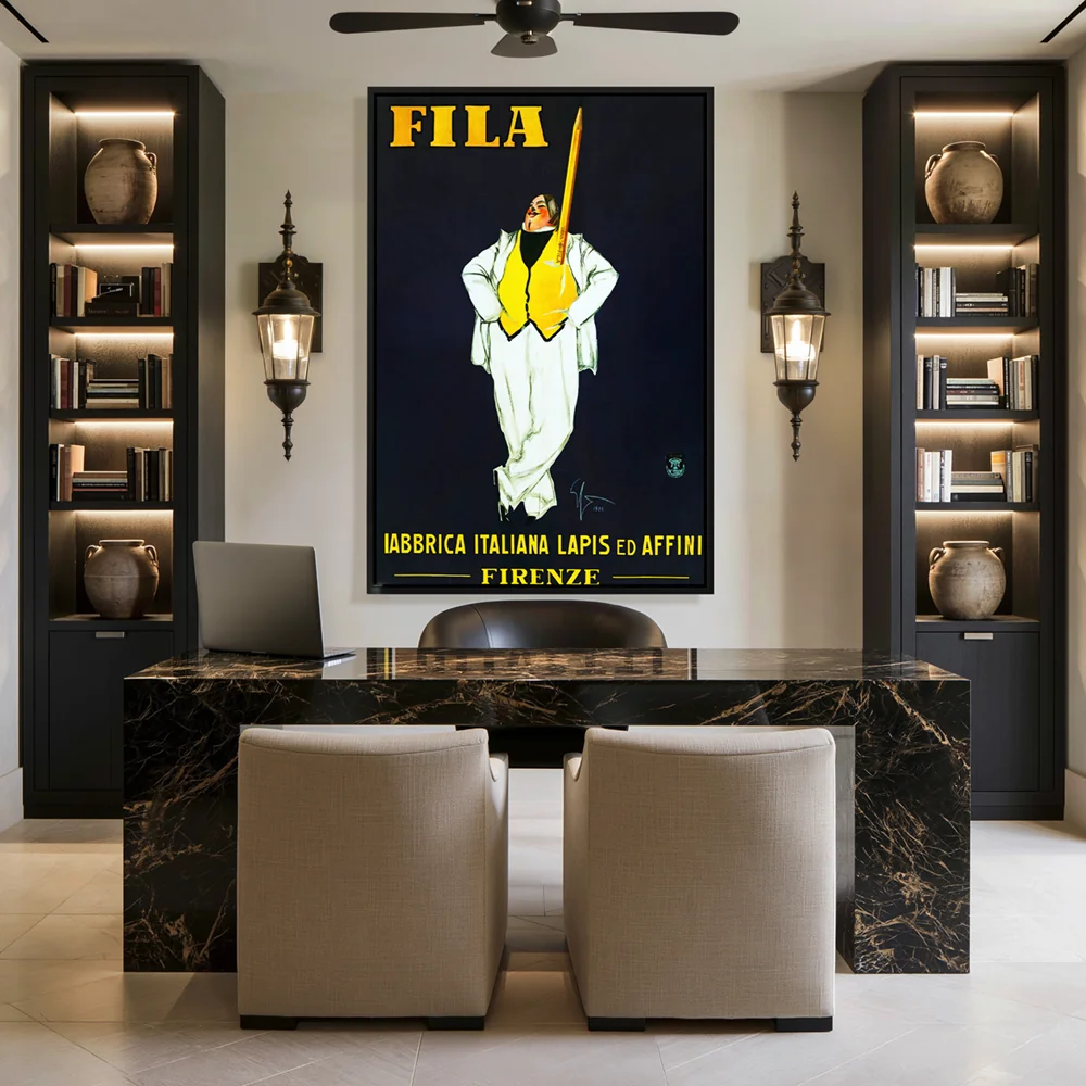 Office with a framed vintage FILA poster above a black marble desk between illuminated bookshelves