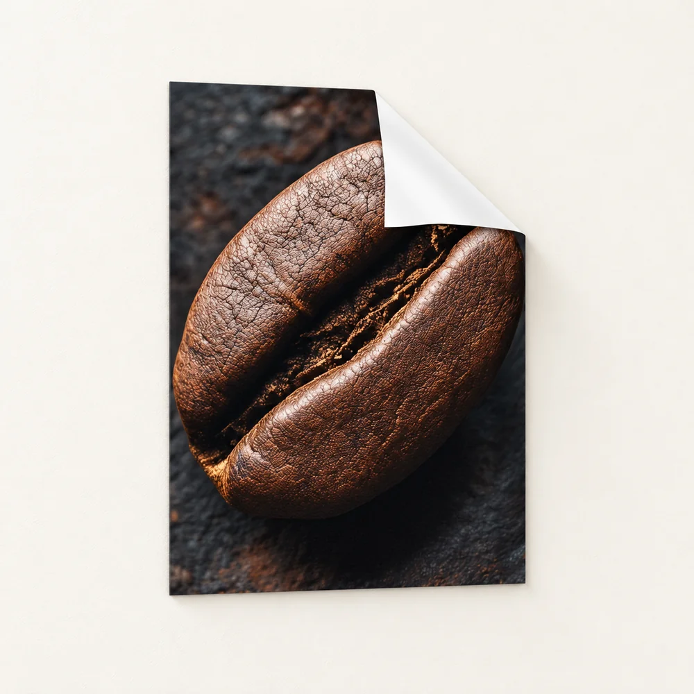 Peel-and-stick vinyl wall art featuring a coffee bean photograph with the upper-right corner peeled back on an ivory wall
