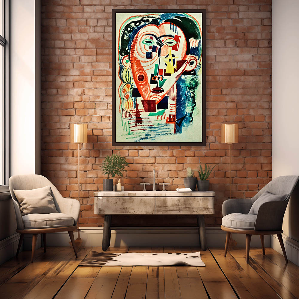 A painting of an Abstract Figurative Head by Amadeo de Souza-Cordoso makes the perfect wall art conversation piece. This artwork is available in various options, including metal prints, metal wall art, framed prints, framed wall art, poster prints, poster art, vinyl wall peel, vinyl peel-and-stick, fine art prints, stretched canvas, stretched canvas wall art, and framed canvas wall art. Framed options feature floater frames in black, brown, or white. Shown in Sitting Room Wall Decor and with a Black Frame.