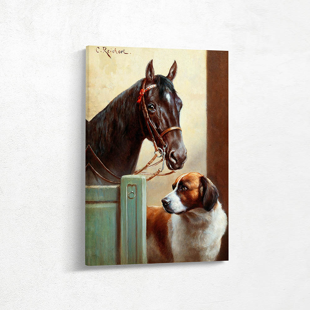 Friends, a bay and a St Bernard in a stable